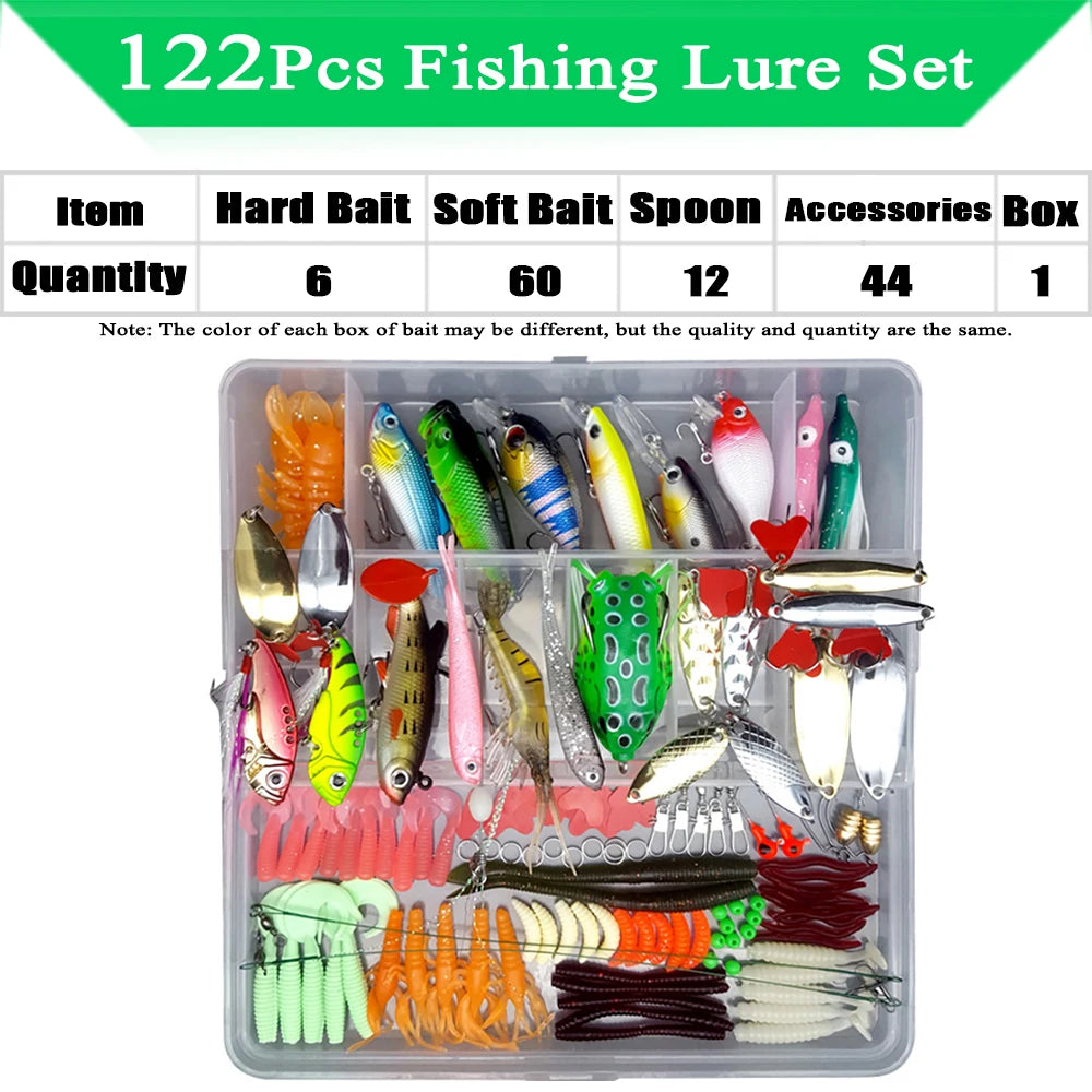 Kit de señuelos de pesca, juego de cebos blandos y duros, capa de engranajes Minnow, plantilla de metal, cuchara para bajo, lucio, accesorios de aparejos de manivela con caja