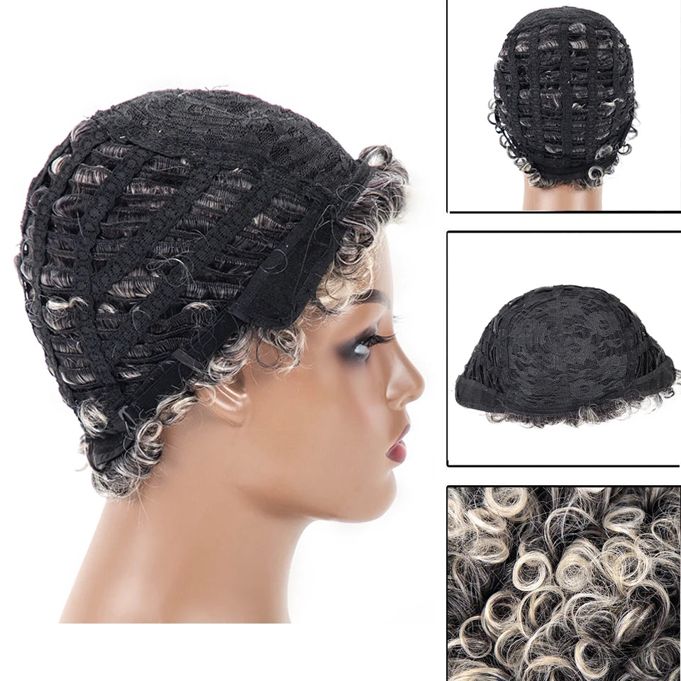 Synthetic Wig Short Afro Curly Ombre Grey Wigs for Women Gray Mixed White Kinky Curly Wig Natural Looking Pixie Cut Cosplay Wig