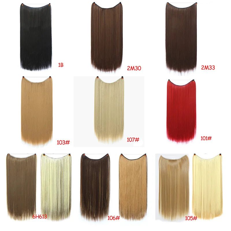 LUPU Extensiones de pelo sintético largo ondulado de 24 pulgadas, línea de pesca invisible, sin clips secretos, piezas de pelo, fibra resistente al calor