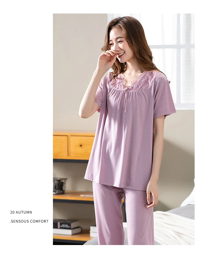 Conjuntos de Pijama para Mujer de Algodón Modal Pijamas Mujer Ropa de Dormir Dama Manga Corta Verano Ropa de Noche de Encaje para Mujer Conjuntos de 2 Piezas Ropa de Hogar XXXL