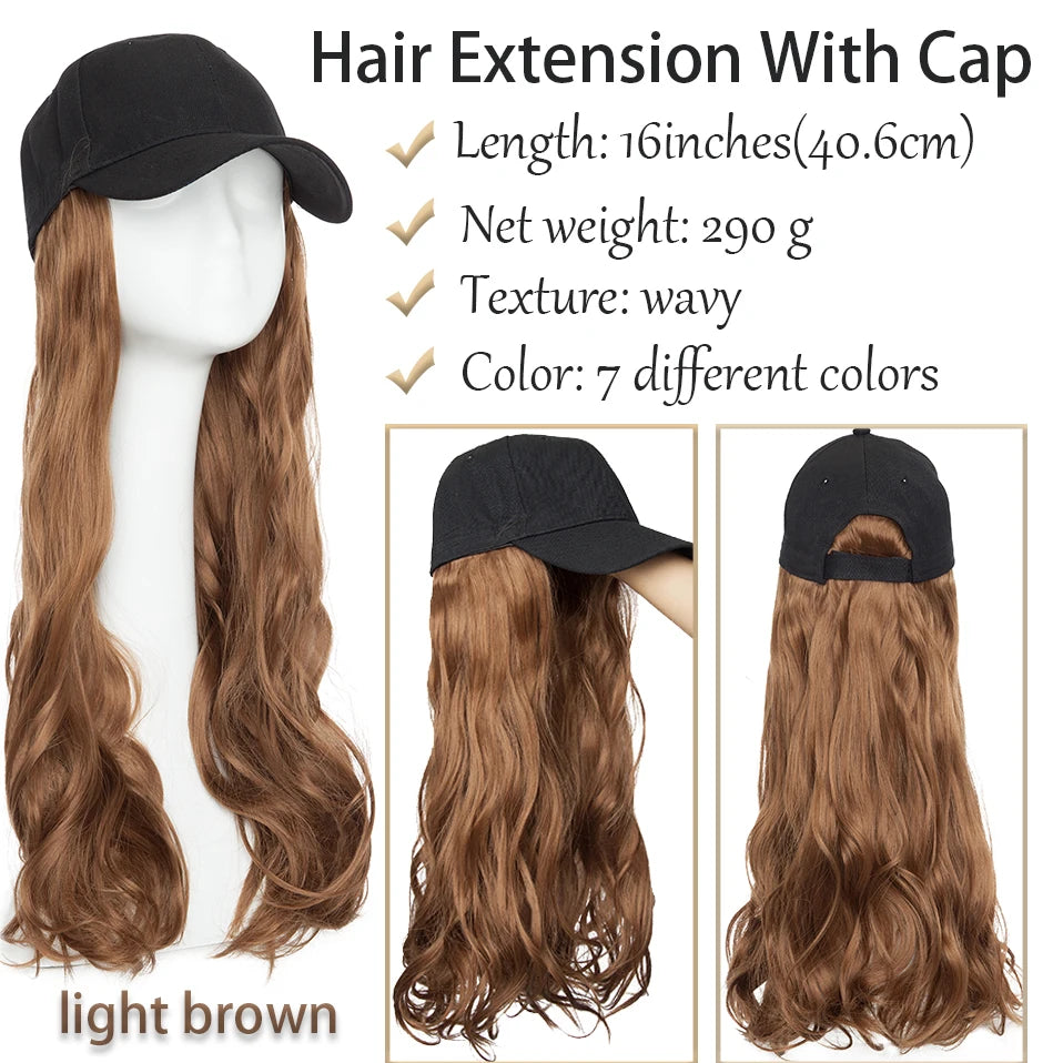 BENEHAIR Casquette de baseball synthétique avec cheveux longs ondulés Perruque chapeau faux cheveux Rallonges de cheveux Chapeau avec cheveux Perruque naturelle pour femmes