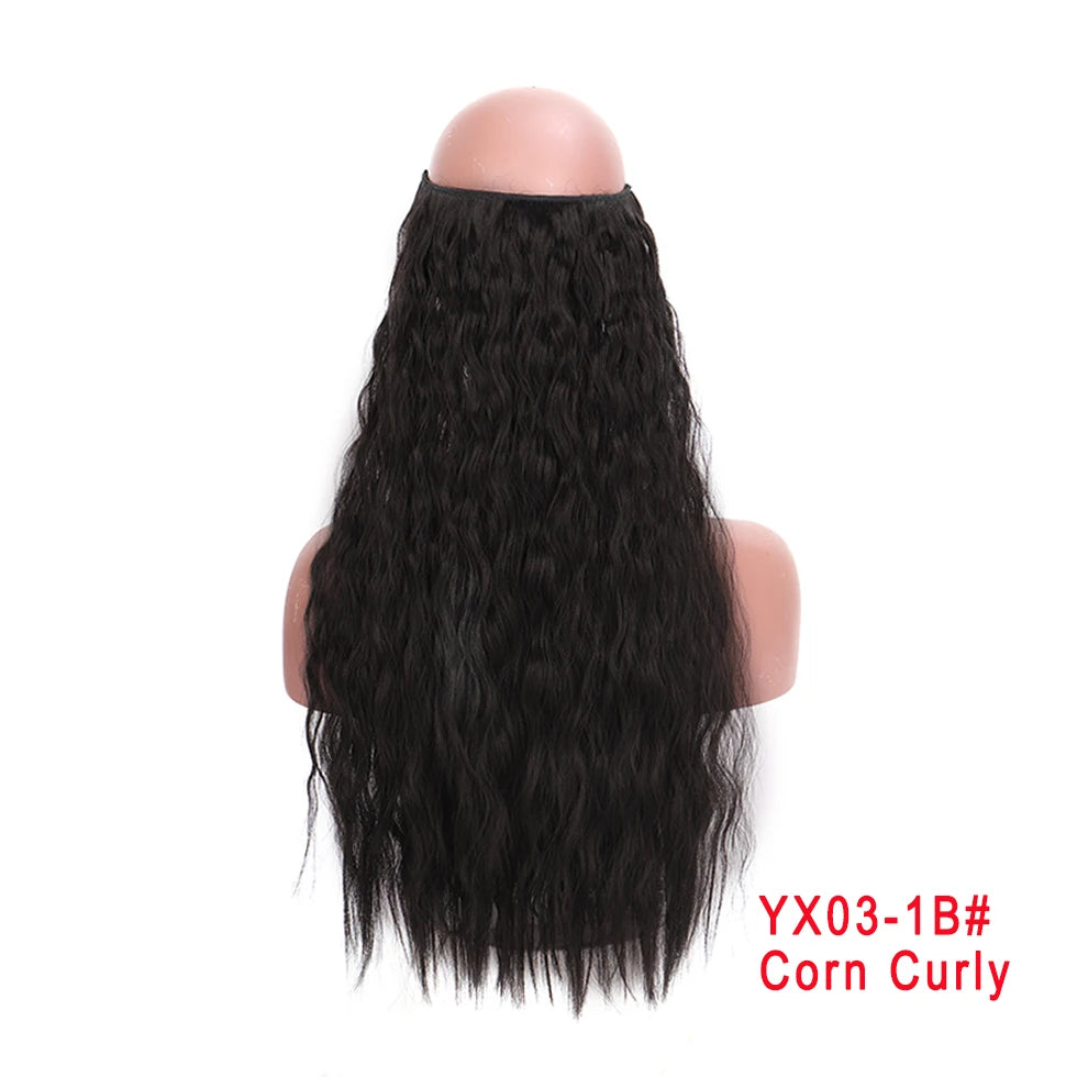 LUPU Extensiones de pelo sintético largo ondulado de 24 pulgadas, línea de pesca invisible, sin clips secretos, piezas de pelo, fibra resistente al calor