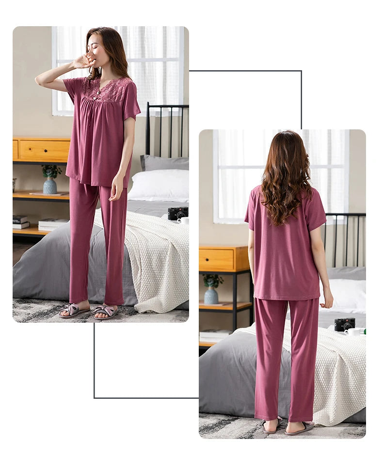 Conjuntos de Pijama para Mujer de Algodón Modal Pijamas Mujer Ropa de Dormir Dama Manga Corta Verano Ropa de Noche de Encaje para Mujer Conjuntos de 2 Piezas Ropa de Hogar XXXL