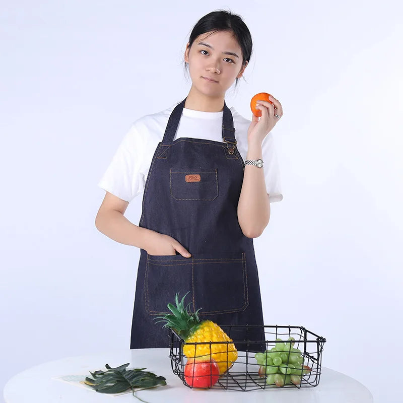 Tablier de cuisine unisexe en denim réglable pour homme et femme avec poche pour chef, cuisine, pâtisserie, nettoyage de la maison