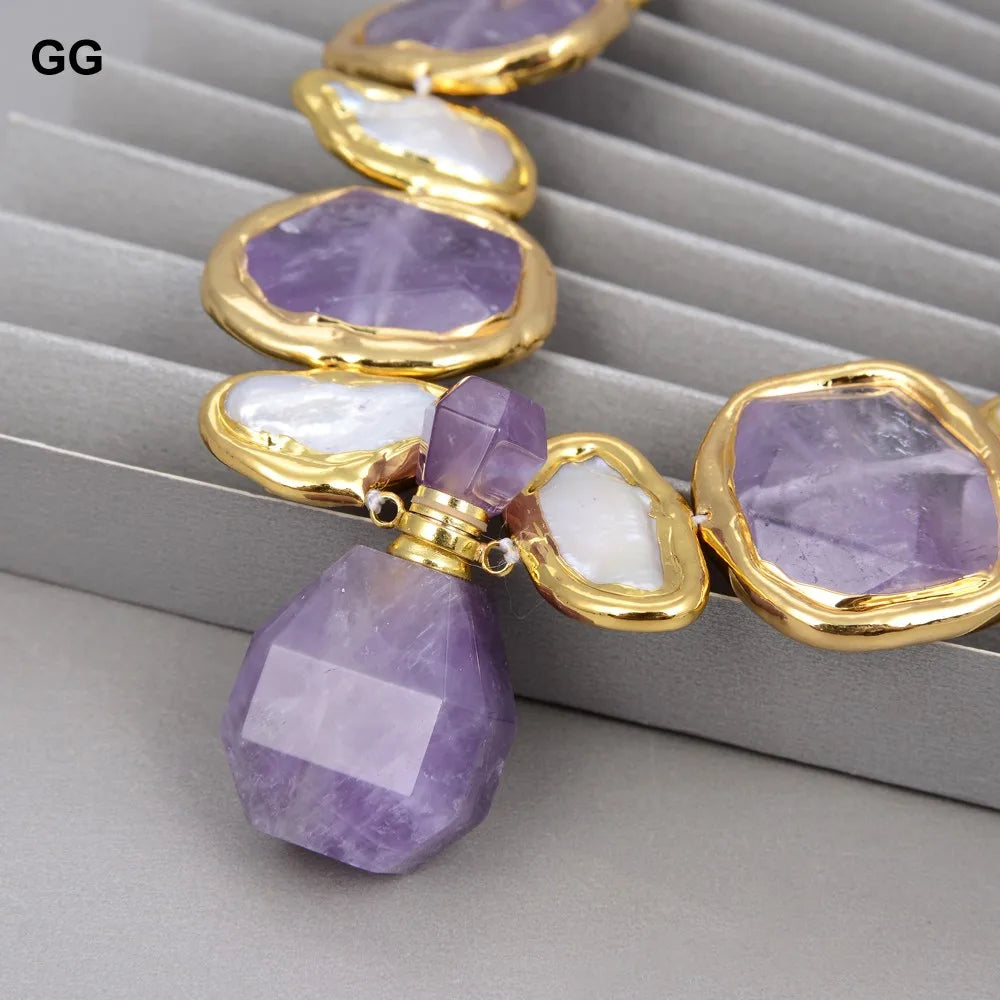 GuaiGuai Jewelry Perla Biwa Blanca Natural de Agua Dulce Pepita Verde Ametistas Chapado en Oro Colgante Collar Pulsera Pendientes Conjuntos