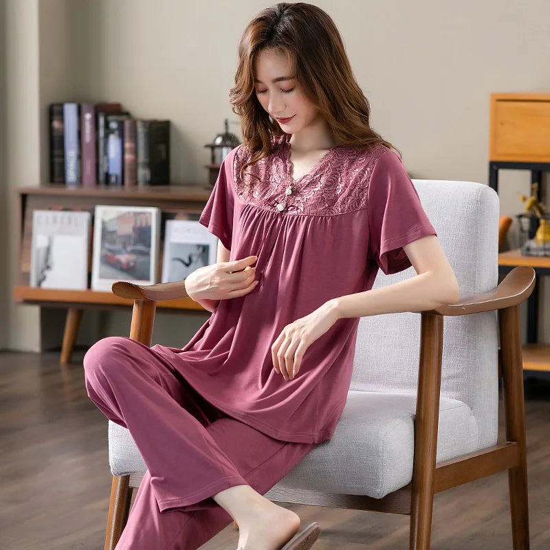 Conjuntos de Pijama para Mujer de Algodón Modal Pijamas Mujer Ropa de Dormir Dama Manga Corta Verano Ropa de Noche de Encaje para Mujer Conjuntos de 2 Piezas Ropa de Hogar XXXL