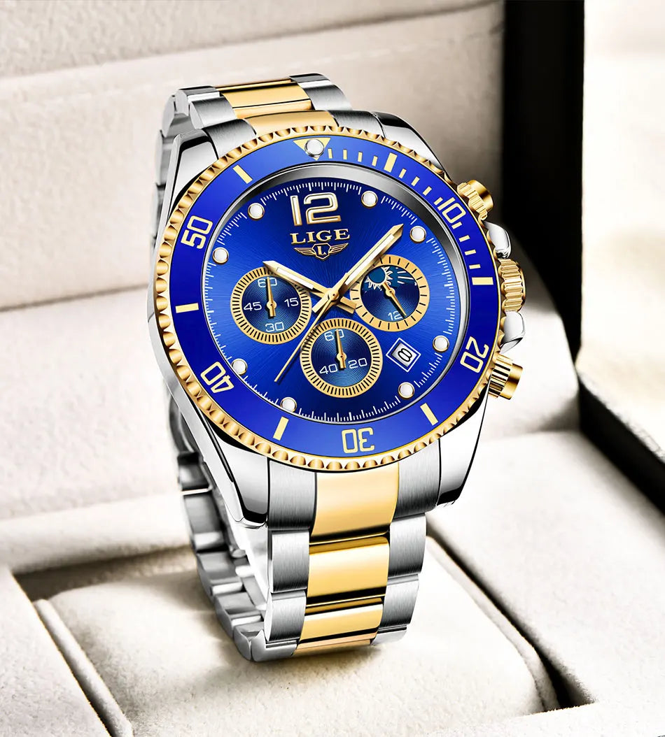 Reloj de hombre LIGE de marca superior, reloj de lujo para hombre, deportivo, resistente al agua, cronógrafo de acero inoxidable, reloj de pulsera de cuarzo, Relogio Masculino+Caja