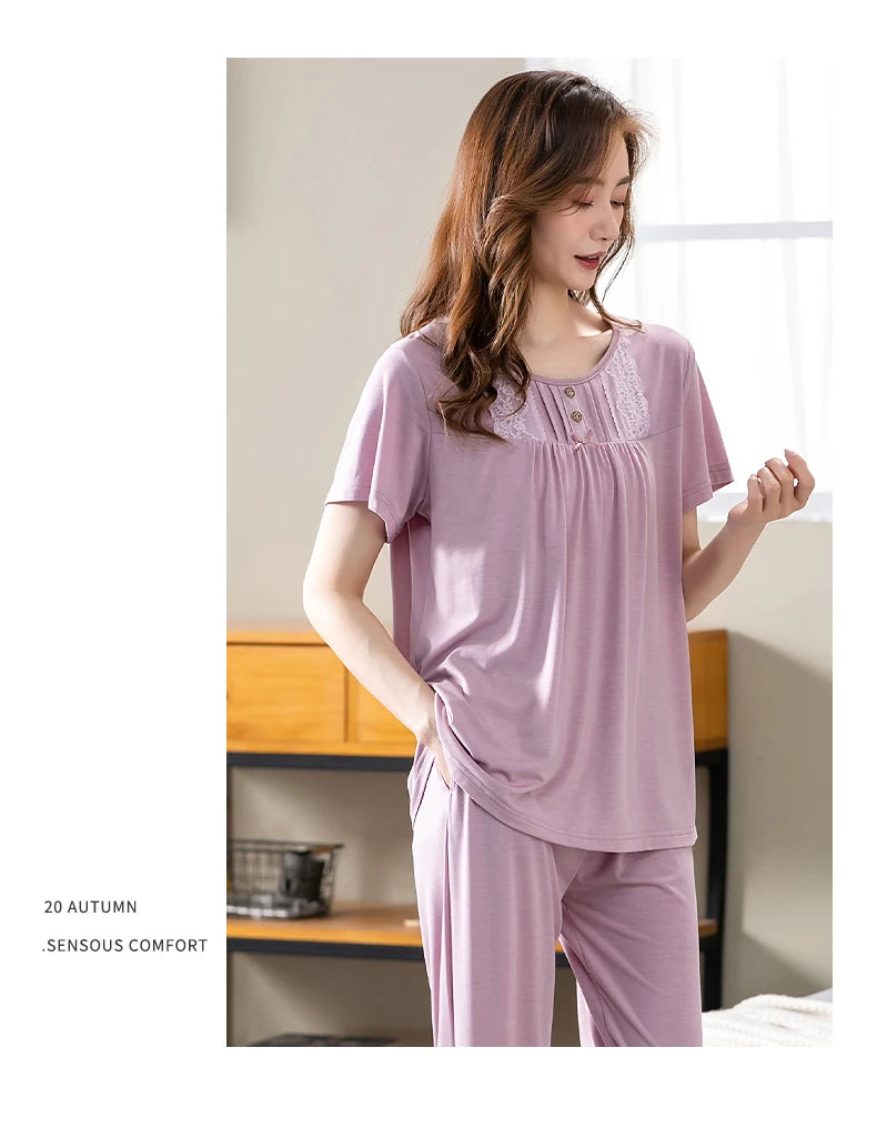 Conjuntos de Pijama para Mujer de Algodón Modal Pijamas Mujer Ropa de Dormir Dama Manga Corta Verano Ropa de Noche de Encaje para Mujer Conjuntos de 2 Piezas Ropa de Hogar XXXL