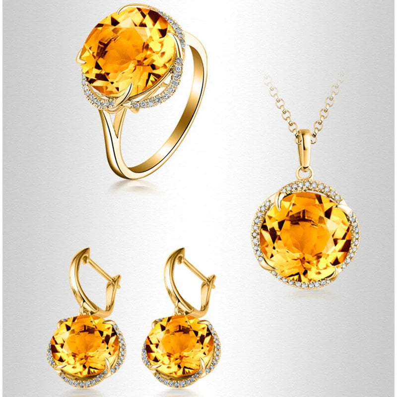 JoiasHome Conjuntos de joyas con dijes para mujer, moda, anillo de cristal amarillo, pendientes, collar, fiesta femenina, joyería de plata 925 al por mayor
