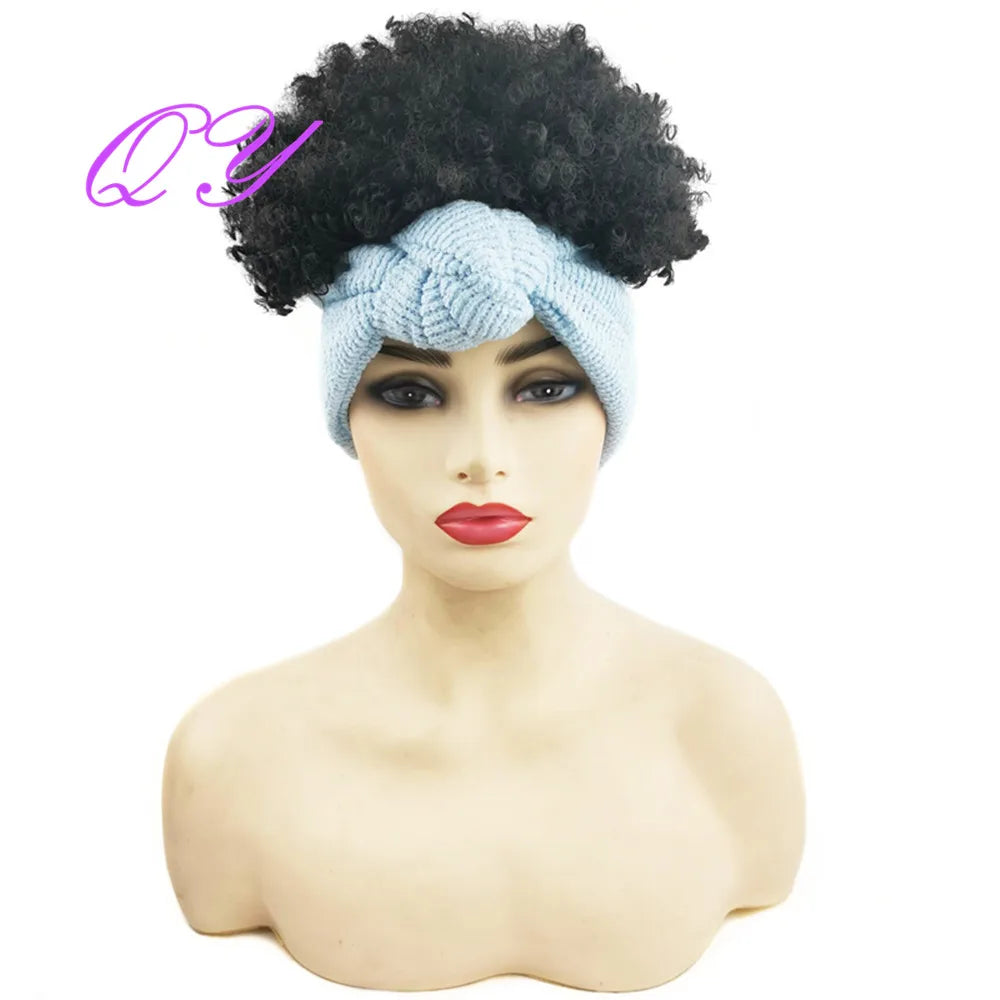 QY Hair Big Afro Kinky Curly Headband Wigs For Women Synthetic Hair Wigs Turban Wrap Hair Style