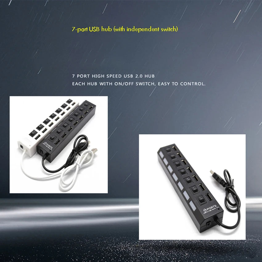 Concentrador USB 2.0 Splitter, Hub de datos USB de 7 puertos con interruptores individuales de encendido/apagado y luces para computadora portátil, PC, computadora, negro, blanco