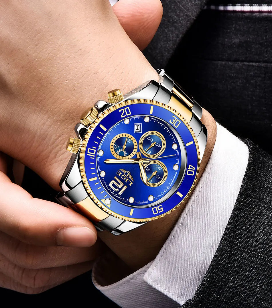 Reloj de hombre LIGE de marca superior, reloj de lujo para hombre, deportivo, resistente al agua, cronógrafo de acero inoxidable, reloj de pulsera de cuarzo, Relogio Masculino+Caja
