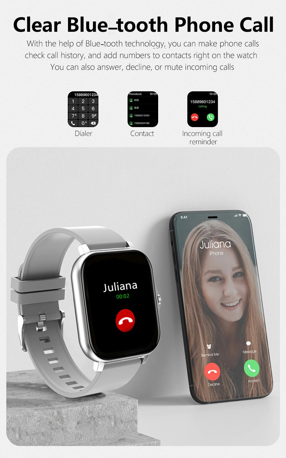 Smartklokke, trådløs anrop/oppringing, multisportmodus, anropspåminnelse og avvisning, SMS-påminnelse, for iPhone/Andriod
