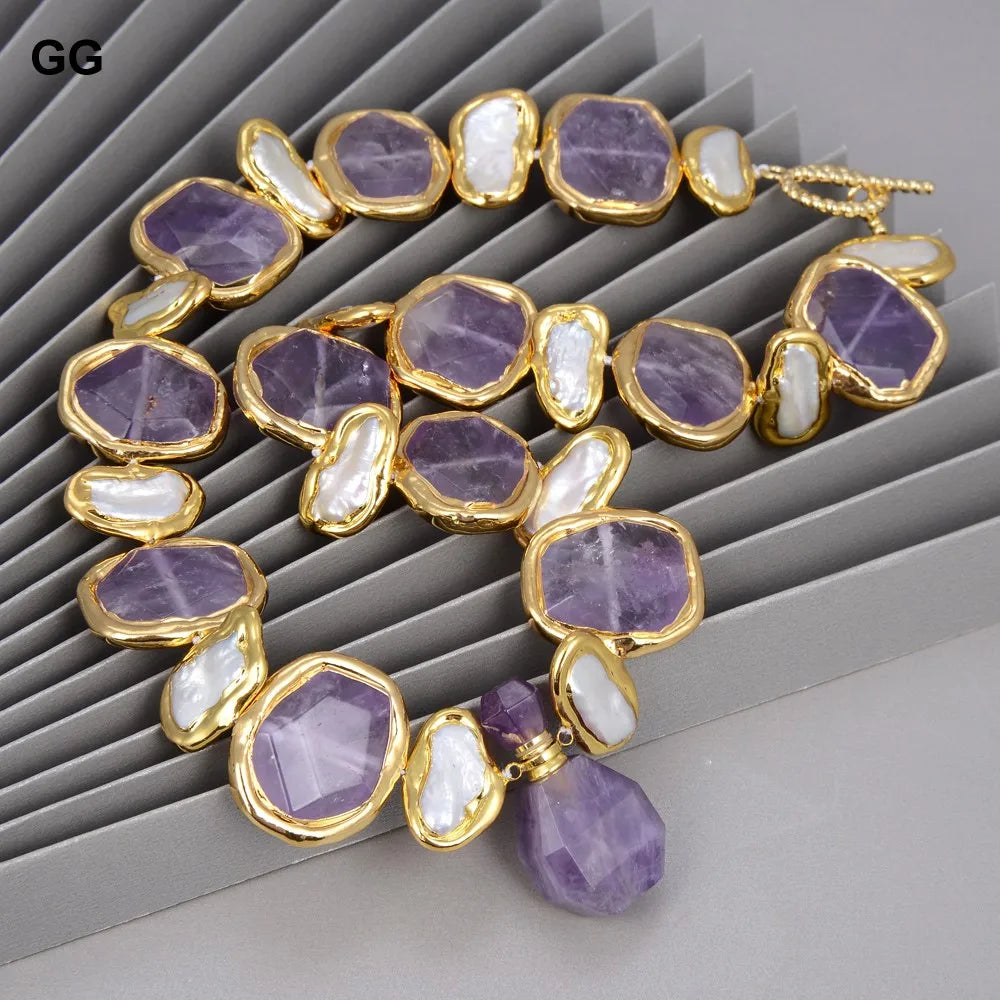 GuaiGuai Jewelry Perla Biwa Blanca Natural de Agua Dulce Pepita Verde Ametistas Chapado en Oro Colgante Collar Pulsera Pendientes Conjuntos