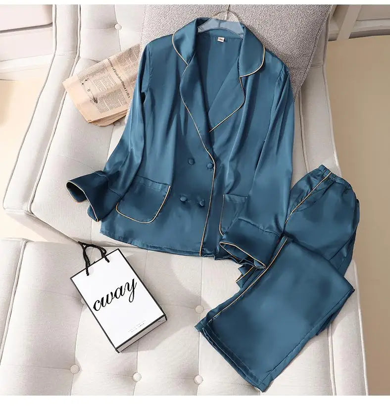 Conjunto de pijama de satén sedoso para mujer, manga larga, ropa de dormir casual, loungewear, rayón, 2 piezas para el hogar