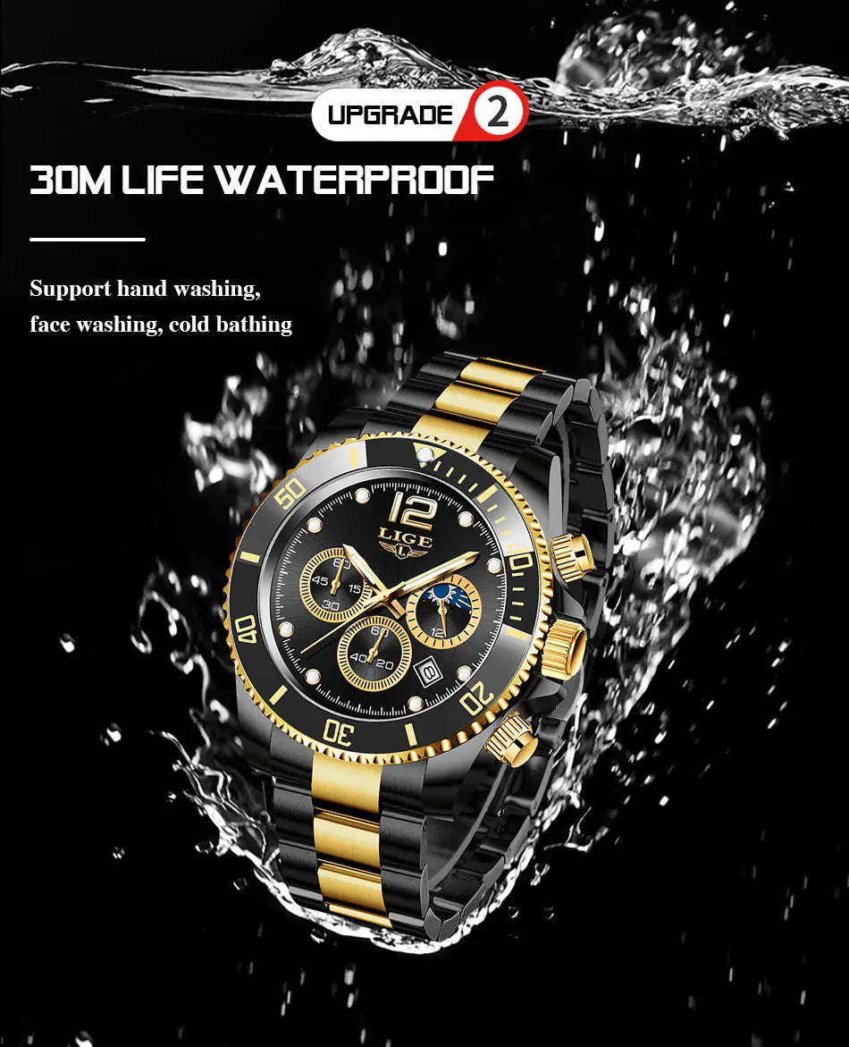 Reloj de hombre LIGE de marca superior, reloj de lujo para hombre, deportivo, resistente al agua, cronógrafo de acero inoxidable, reloj de pulsera de cuarzo, Relogio Masculino+Caja