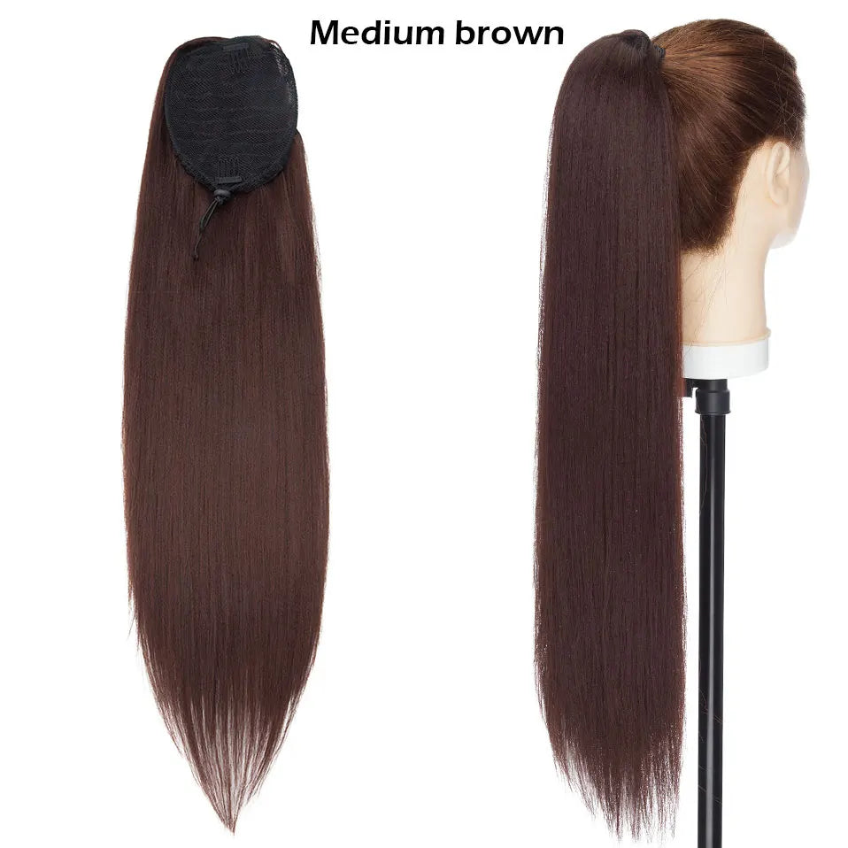 S-noilite Synthétique 22 pouces Afro Yaki Raide Queue de Cheval Pince à Cheveux Postiche avec Cordon de Serrage pour Femmes