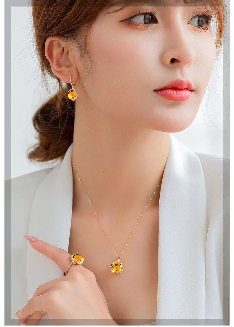 JoiasHome Conjuntos de joyas con dijes para mujer, moda, anillo de cristal amarillo, pendientes, collar, fiesta femenina, joyería de plata 925 al por mayor