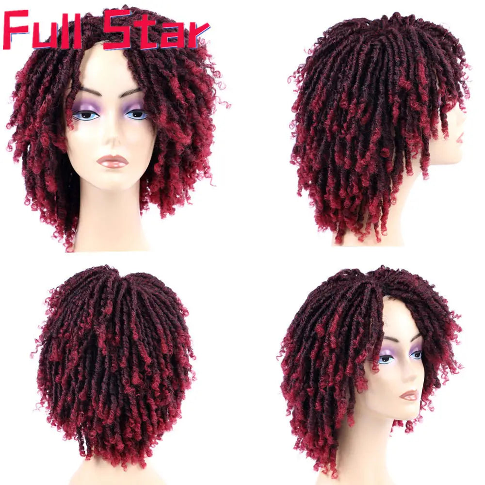 Full Star 14“ Dreadlock Curly Wigs for Black Woman Ombre Burgundy Brown Color Short Curly Locs Braids Wigs Party Daily Use