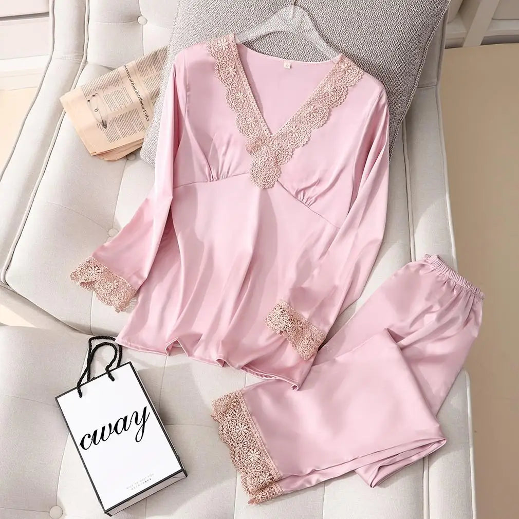 Conjunto de pijama de satén sedoso para mujer, manga larga, ropa de dormir casual, loungewear, rayón, 2 piezas para el hogar