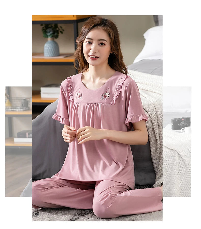 Conjuntos de Pijama para Mujer de Algodón Modal Pijamas Mujer Ropa de Dormir Dama Manga Corta Verano Ropa de Noche de Encaje para Mujer Conjuntos de 2 Piezas Ropa de Hogar XXXL
