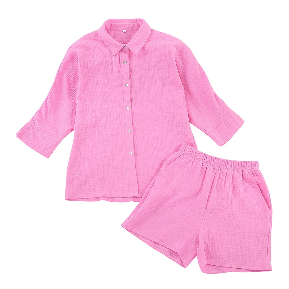 Cotton Pajamas For Women Sets Suit Casual Sleepwear Turn-Down Collar Nine Quarter Sleeve Sleep Tops Shorts Female Homewear 2023