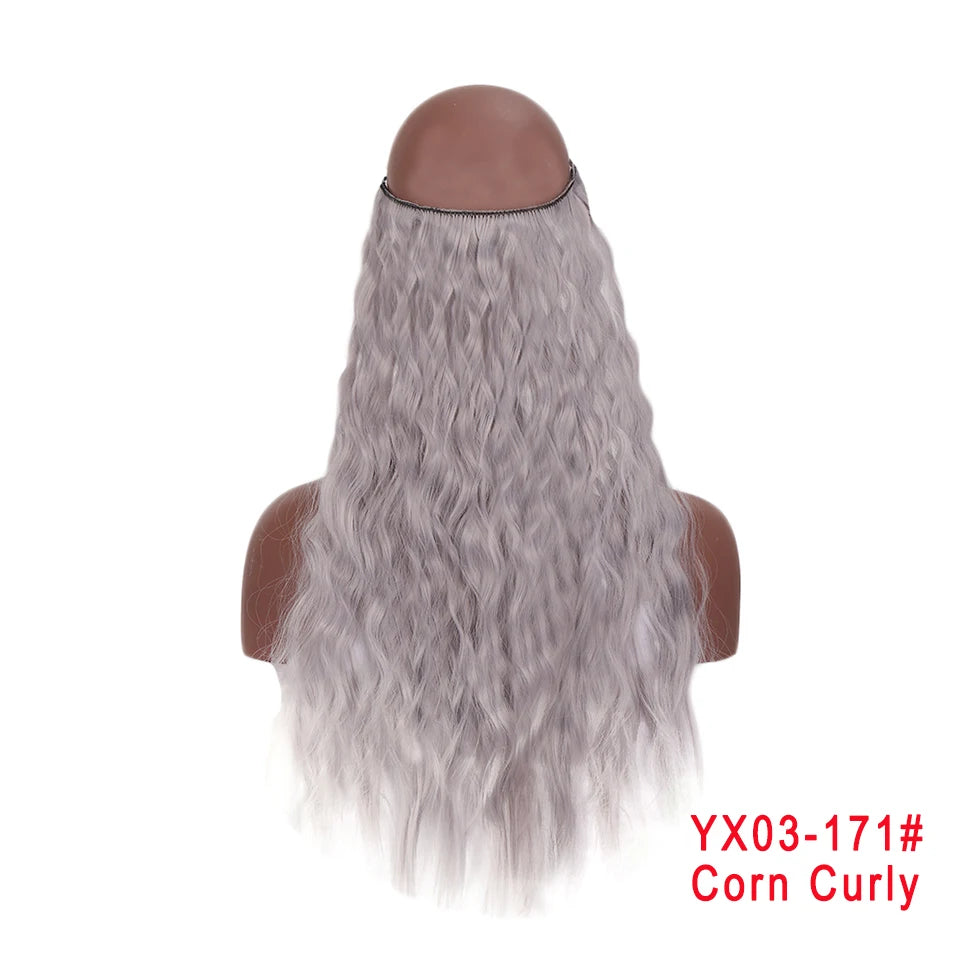 LUPU Extensiones de pelo sintético largo ondulado de 24 pulgadas, línea de pesca invisible, sin clips secretos, piezas de pelo, fibra resistente al calor