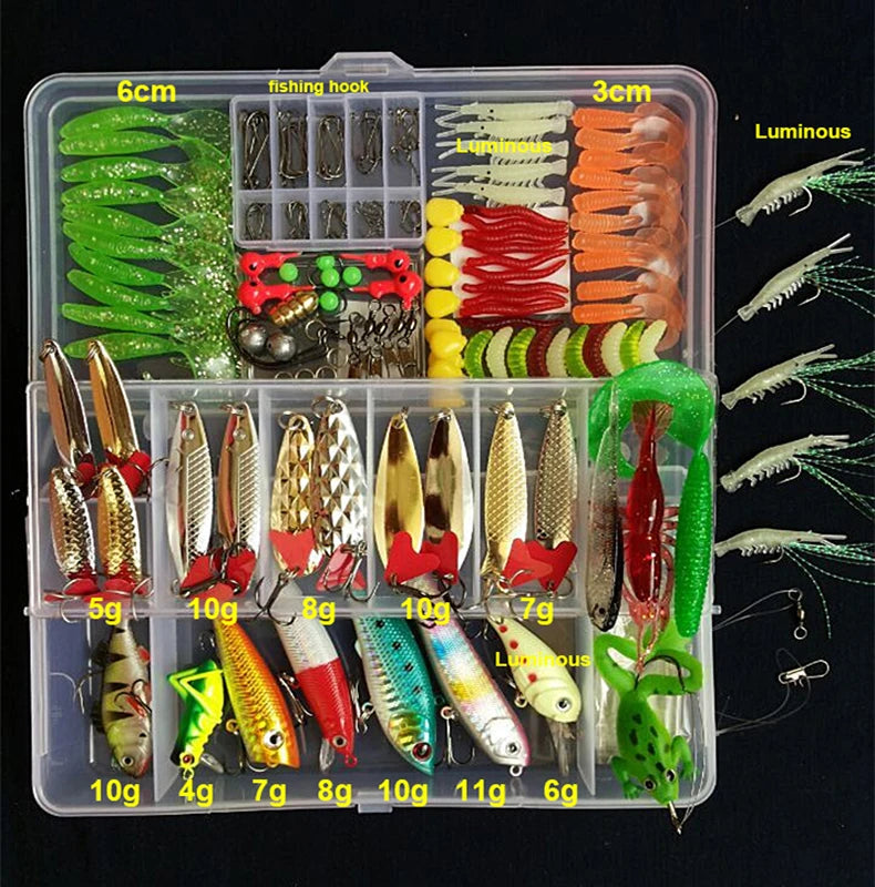 Juego de kits de señuelos de pesca, señuelos artificiales duros, plantillas de metal, cucharas, señuelos blandos, cebo de pesca de silicona, accesorios de aparejos de pesca, Pesca