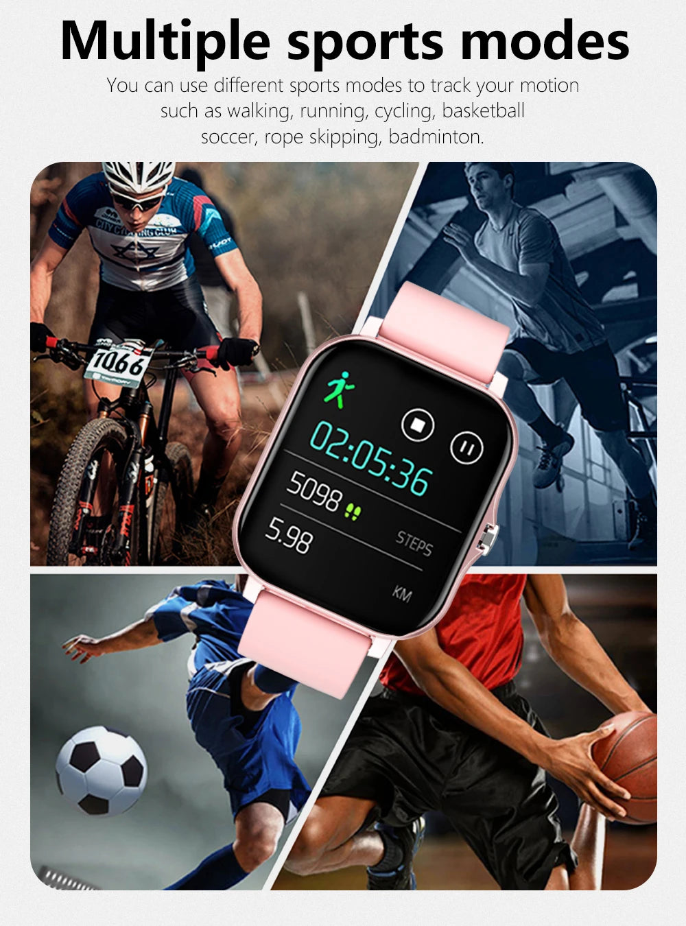Smartklokke, trådløs anrop/oppringing, multisportmodus, anropspåminnelse og avvisning, SMS-påminnelse, for iPhone/Andriod