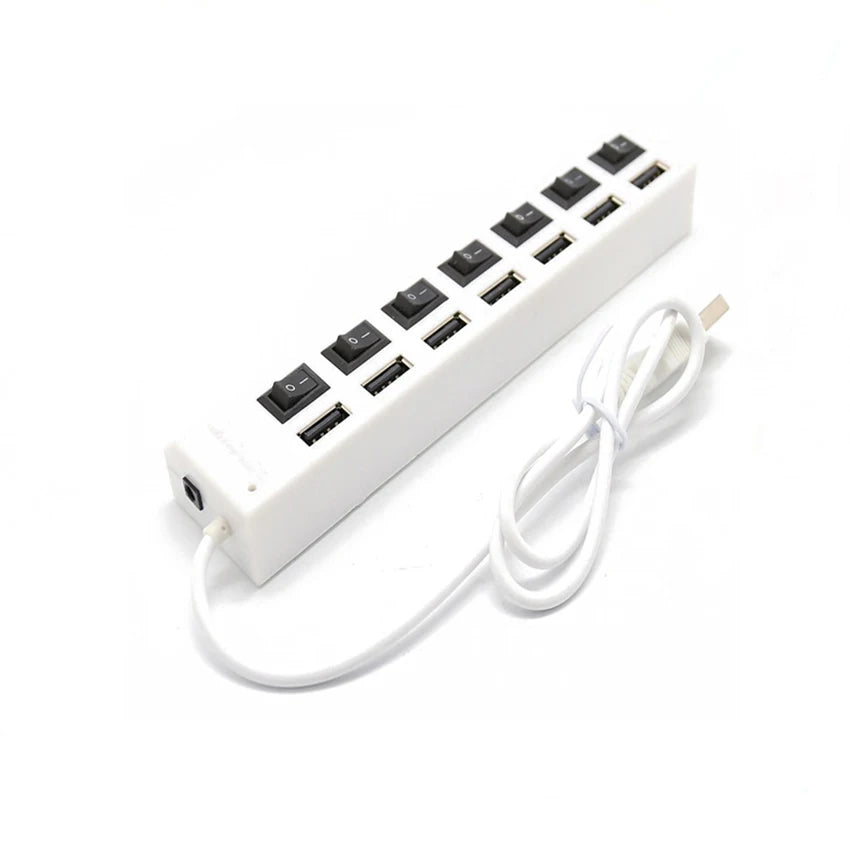 Concentrador USB 2.0 Splitter, Hub de datos USB de 7 puertos con interruptores individuales de encendido/apagado y luces para computadora portátil, PC, computadora, negro, blanco