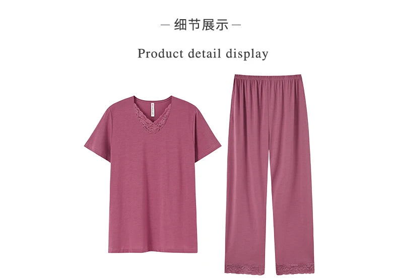Conjuntos de Pijama para Mujer de Algodón Modal Pijamas Mujer Ropa de Dormir Dama Manga Corta Verano Ropa de Noche de Encaje para Mujer Conjuntos de 2 Piezas Ropa de Hogar XXXL