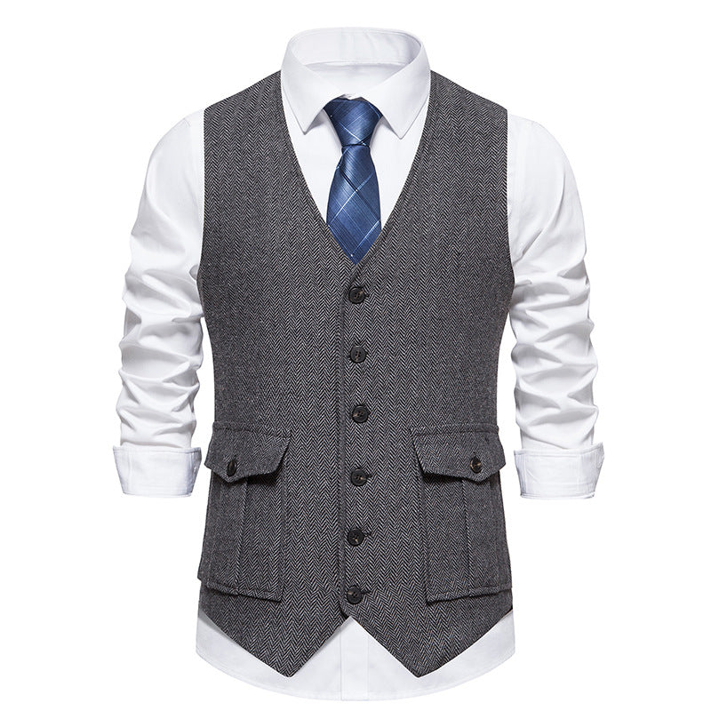 Chaleco de Traje de Hombre de Espiga Chaleco de Negocios Boda Casual Cuello Vuelto Chalecos de Vestir para Hombres Fiesta Formal V07