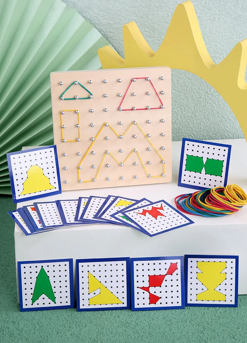 Juego de juguetes de madera Montessori de matemáticas para niños, figuras geométricas, banda elástica, tabla de clavos, juguete educativo creativo, regalo de Navidad ideal