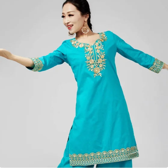 Camisa india de algodón puro con bordado oculto lateral y manga larga para mujer - Pakistán