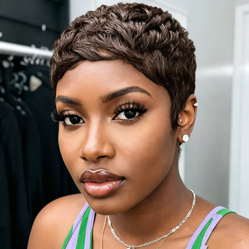 Perruque de cheveux humains coupe pixie couleur marron 99j 4 pouces 150 % densité fabrication à la machine perruques courtes droites dégradées de cheveux humains pour femmes usage quotidien cadeau