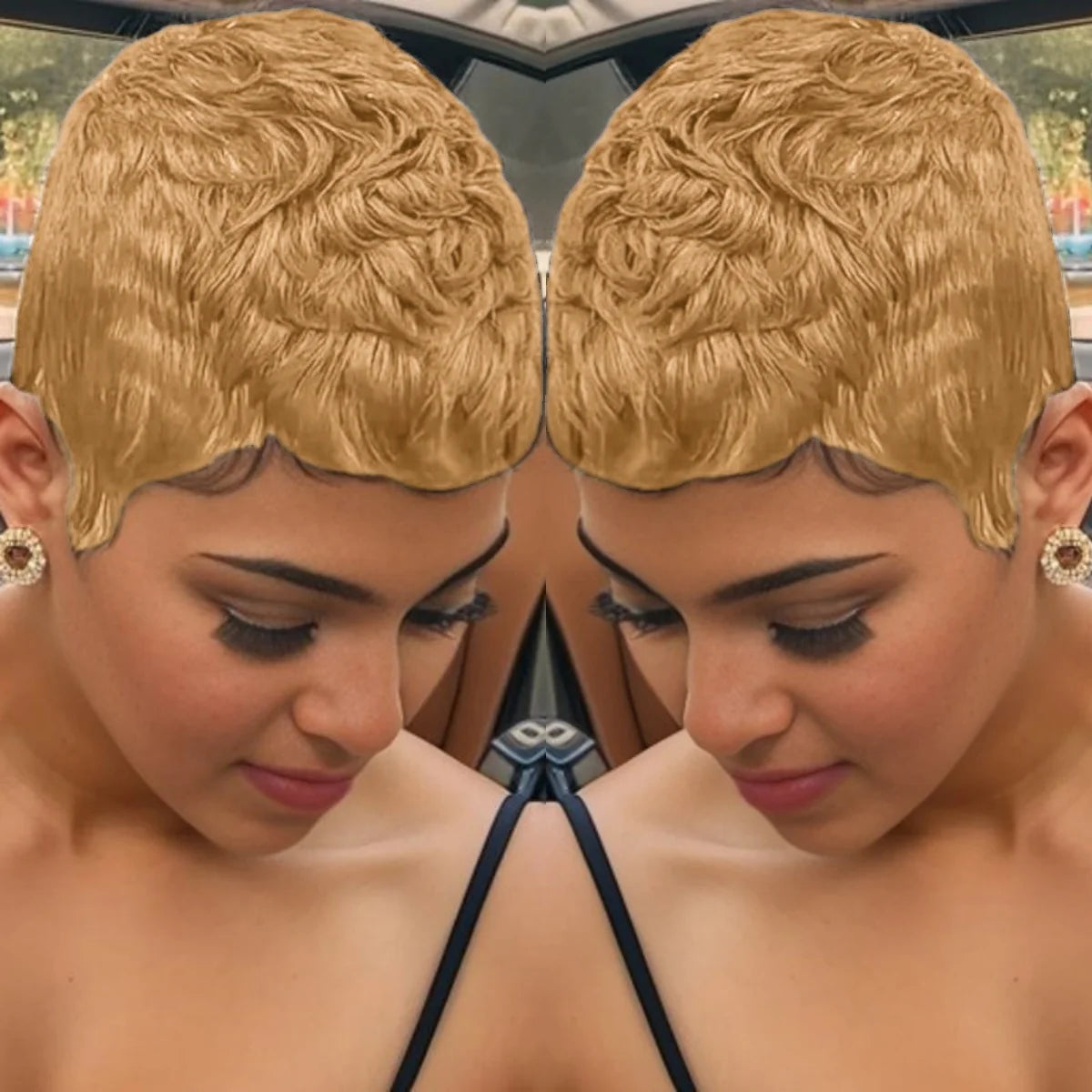 Peluca de corte pixie corto, cabello humano liso brasileño, hecha completamente a máquina, fácil de usar