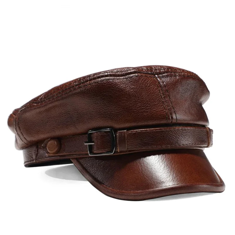 Sombrero de marca de lujo para mujer y hombre, gorras militares negras de cuero auténtico, sombreros planos para estudiantes, gorras de capitán ajustables para otoño e invierno