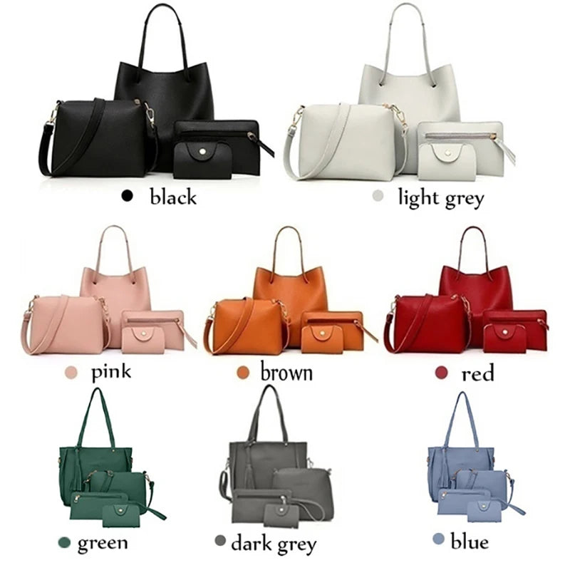 Juego de 4 unidades de bolsos de cuero para mujer, conjunto de bolso de hombro de poliéster, bolso de mano, bandolera, 9 colores