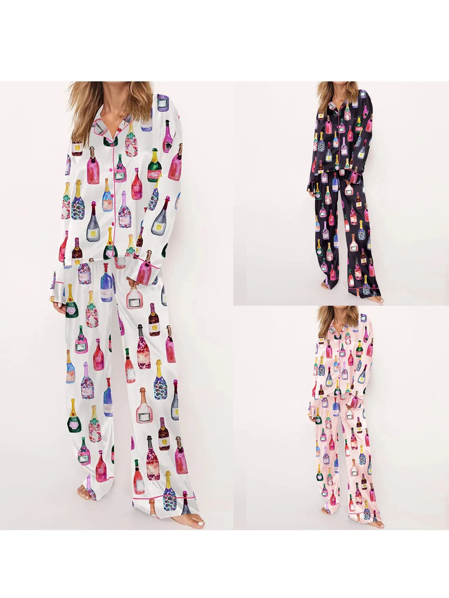 Conjuntos de pijamas de satén para mujer, 2 piezas, botella de champán, copas de vino, camisa de manga larga con botones, pantalones, ropa de satén de seda para estar en casa