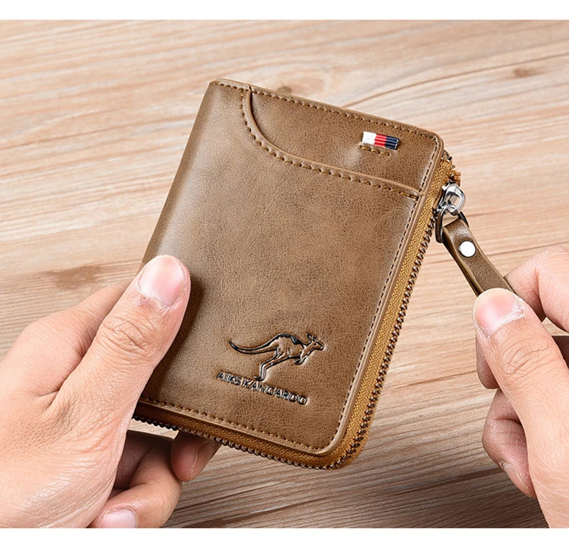 Cartera de cuero para hombre, tarjetero de negocios con cremallera, carteras de lujo para hombre, protección RFID, cartera masculina de lujo