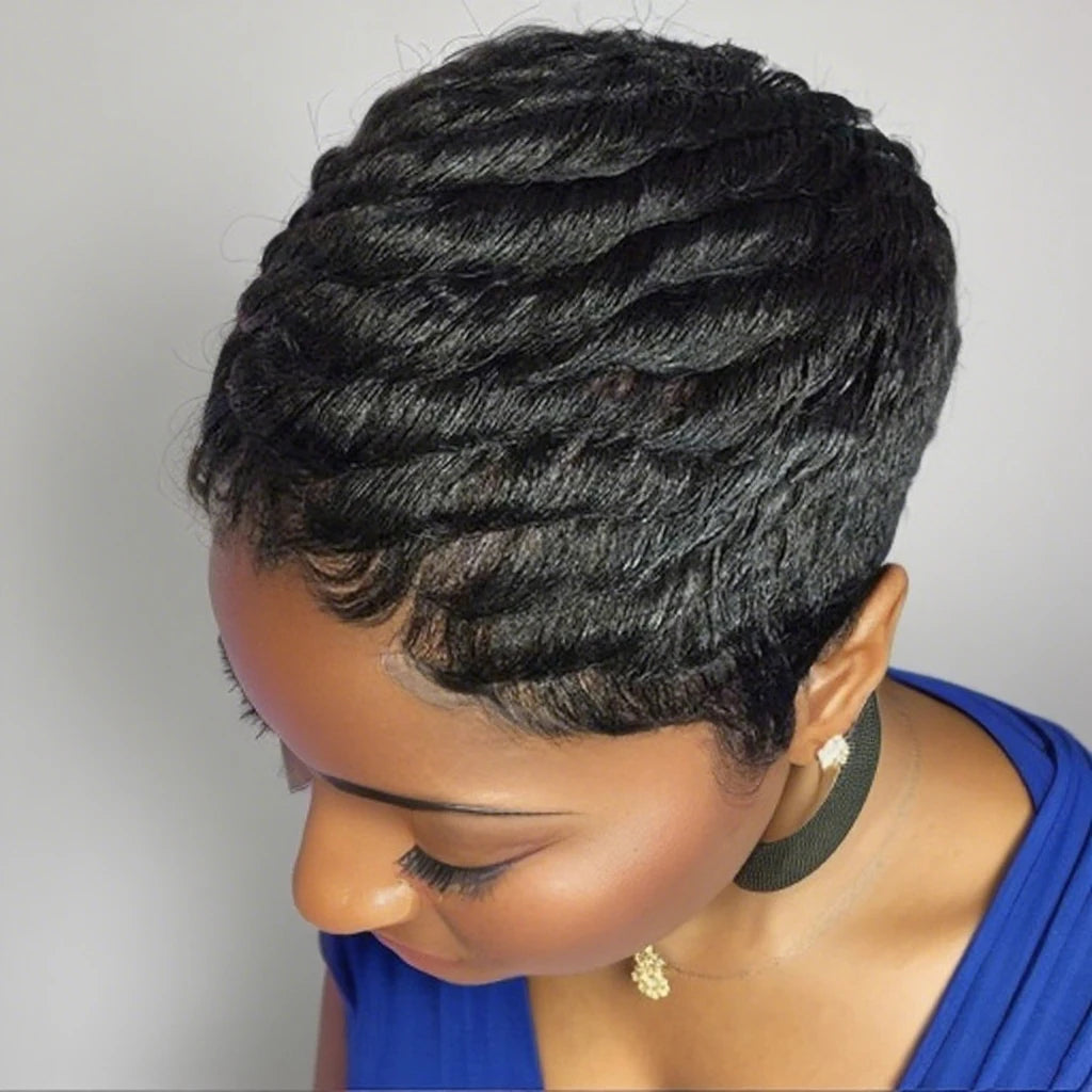 Pelucas Pixie Negras Rizadas Cortas para Mujer, Hechas a Máquina, Onduladas Naturales, Corte Pixie Negro, Precio Asequible, Pelucas para Uso Diario