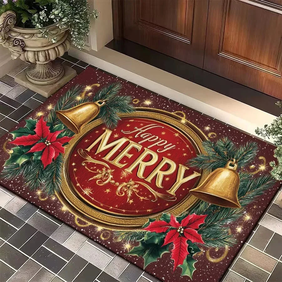 Red Merry Christmas Carpet Bathroom Mat Anti Slip and Retro Absorbent Mat Door Mat New Year Party Red Home Decoration Carpet