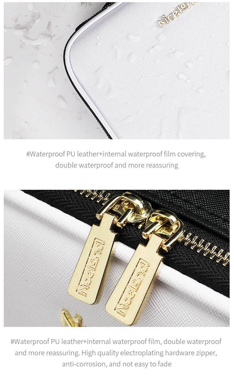 Bolsa de maquillaje, neceser de viaje de gran capacidad, impermeable, organizador de cosméticos con compartimento para brochas de maquillaje y asa para mujer