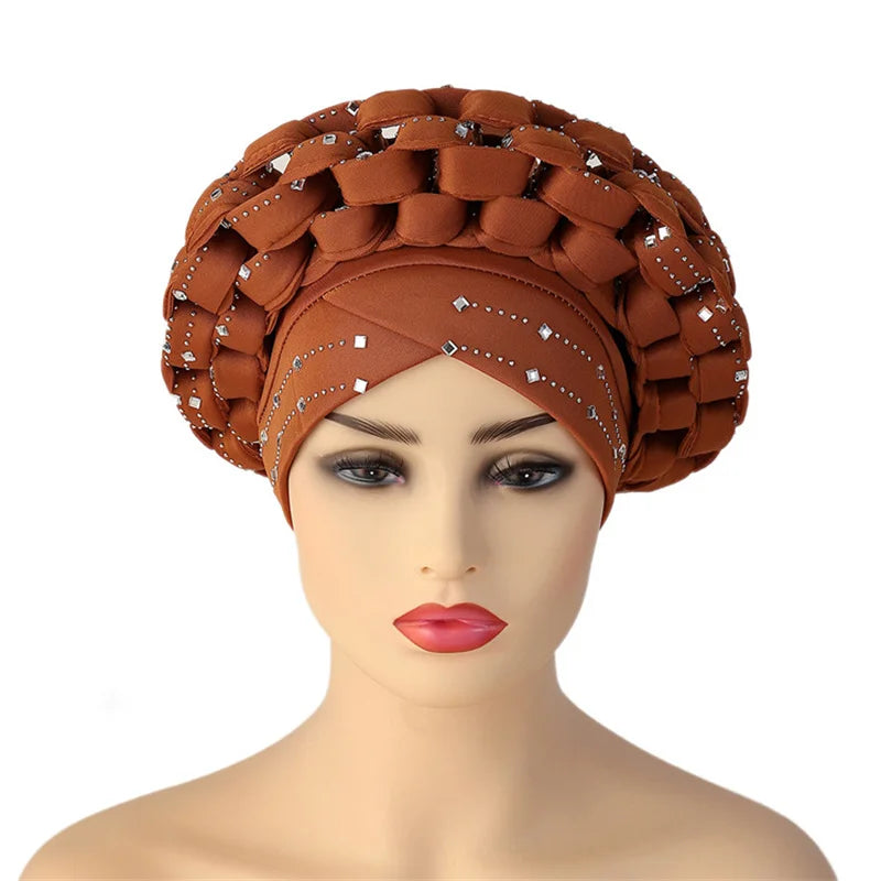 Rhinestone Auto Gele Headwrap – Sparkling African Elegance