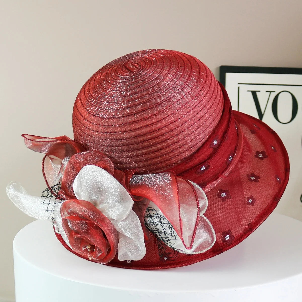 Sombrero de moda para mujer, elegante, de organza, con flor, ala ancha, para el sol, estilo retro, accesorio para fiesta o banquete, plegable para la playa