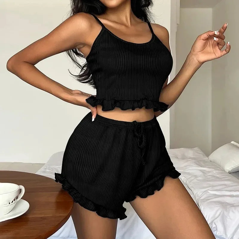 Conjunto de pijama de verano para mujer, 2 tirantes, ropa de casa, pijama suave, color sólido, pantalones cortos sexis, ropa de dormir informal ventilada para mujer