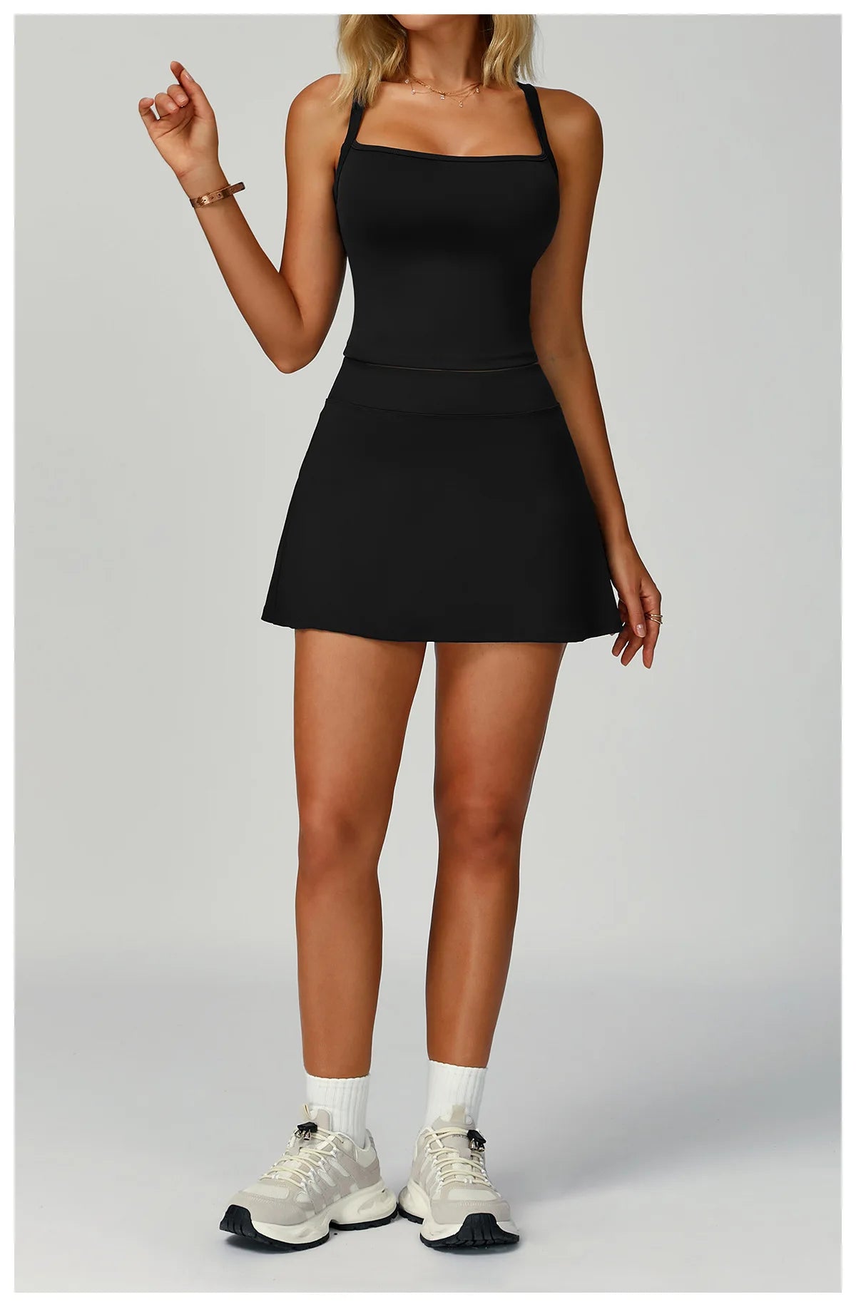Conjunto de camiseta y falda de tenis para mujer, ropa deportiva de verano, bádminton, golf, yoga, correr al aire libre, color negro, blanco, rosa.