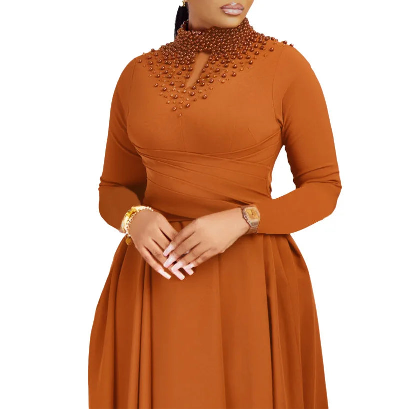 Vestido Elegante Africano para Mujer, Vestidos de Noche con Cuello Alto y Cuentas a la Moda, Vestido Delgado de Temperamento para Mujer, Vestidos Casuales de Manga Larga
