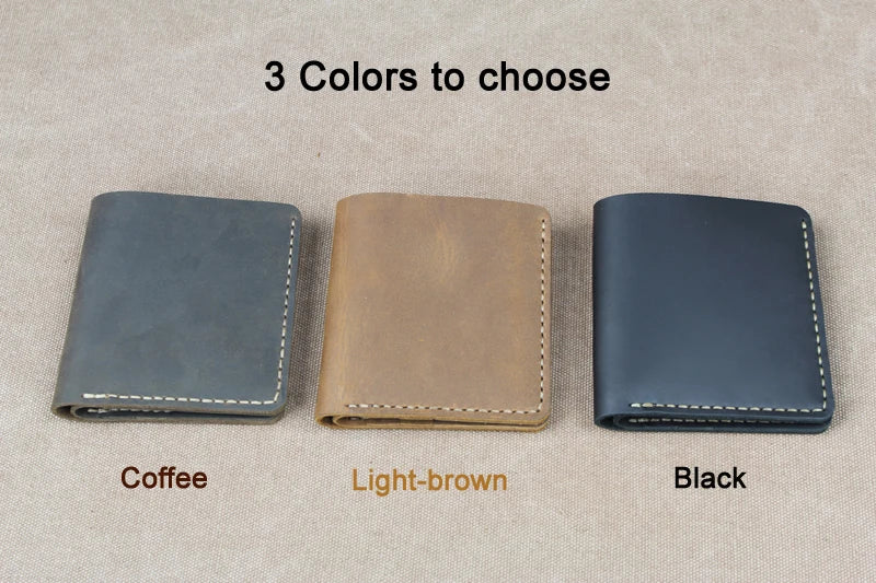 Cartera de lujo hecha a mano de cuero genuino Crazy Horse para hombre, cartera pequeña de cuero para hombre, monedero corto con clip para billetes, bolsa para dinero, café negro