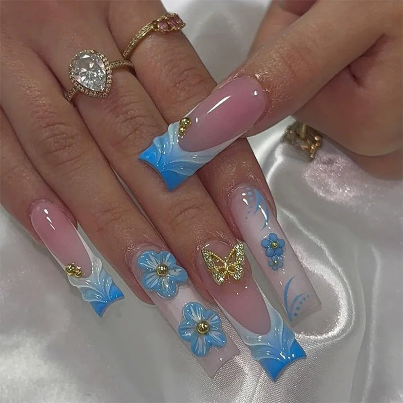 24 Uñas postizas largas a presión, de cobertura completa, con diseño de mariposa francesa, forma de ataúd, purpurina, pequeños diamantes, manicura portátil, puntas de uñas artificiales